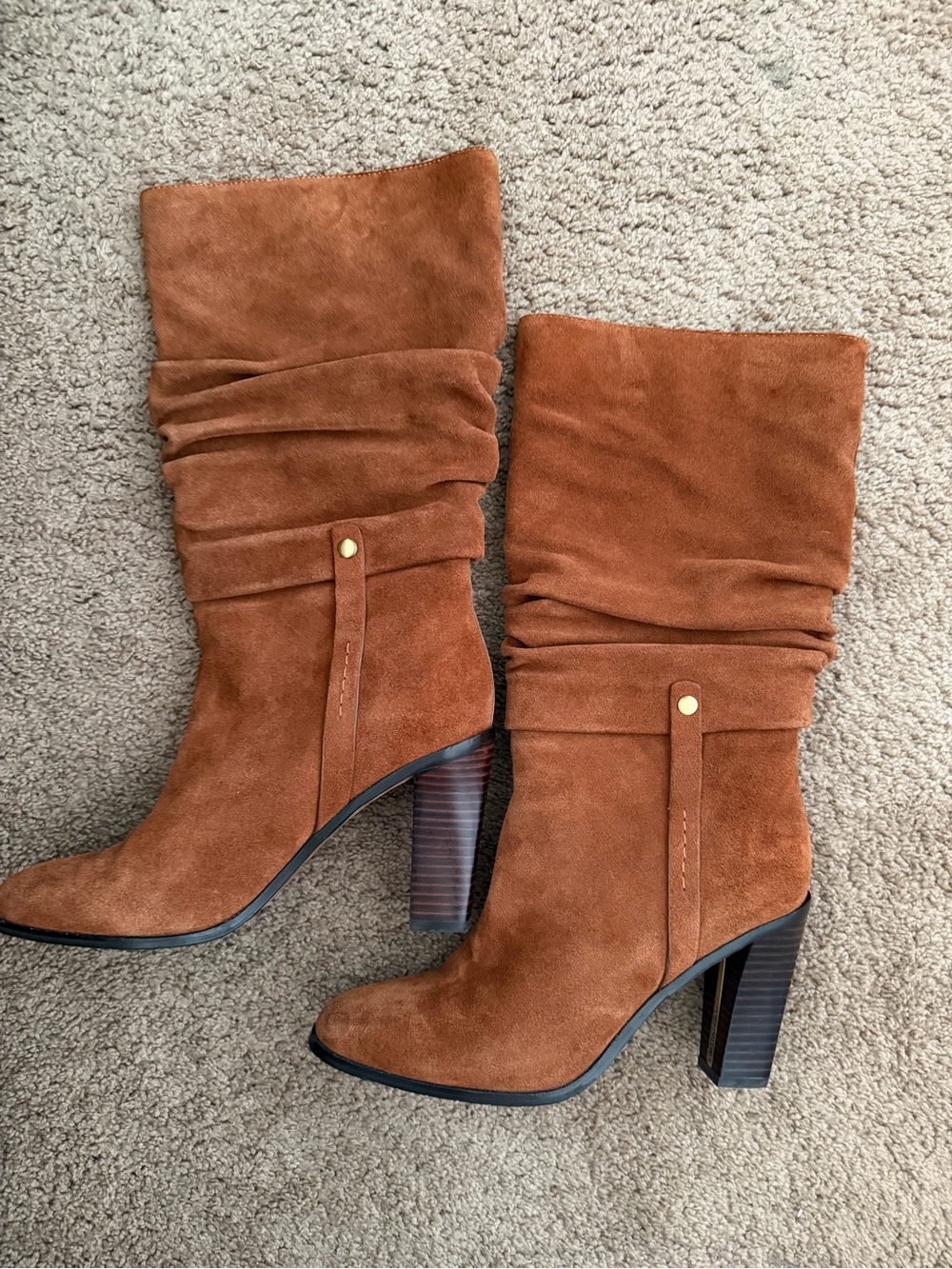 Donald J. Pliner Odessa Chestnut Suede Slouchy Mid-Calf Heeled Boots